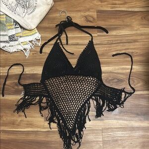 Black Crochet Halter Top with Fringe